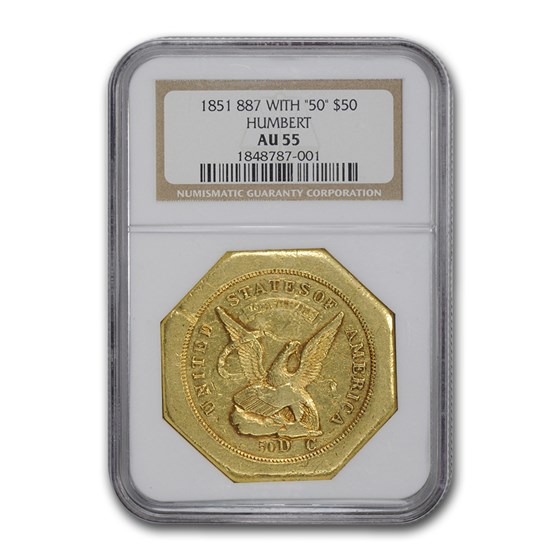 1851 $50 Humbert Gold Ingot U.S. Assay Office AU-55 NGC 1851 $50 Humbert Gold Ingot U.S. Assay Office AU-55 NGC